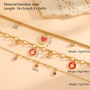 Ensemble de bracelets en acier doré 18 carats avec pendentifs cœurs rouges et zircons