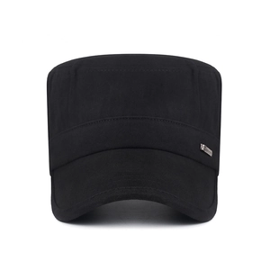 Classic men's black flat top military cap in washed cotton with metal side logo