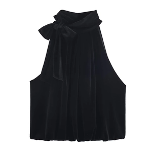 Sexy Schwarzes Samt Neckholder Top Damen Ärmellos Mit Schleife Ballon Saum Retro Chic Camisole