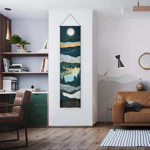 Vertical mountain night landscape tapestry with golden moon and forest for wall decor