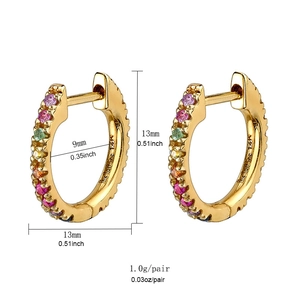 14K gold hoop earrings with multi-color zircon stones, 13mm outer diameter and 1g weight