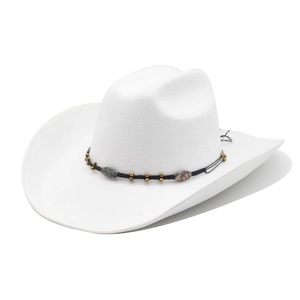 Cappello da cowboy bianco in feltro di lana a tesa larga con fascia etnica e perline