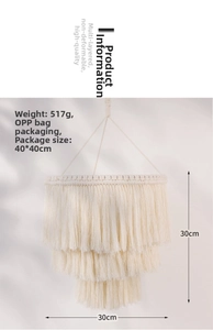 Close-up of handmade off-white cotton woven lampshade with three-layer fringe, 30x30cm