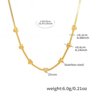 Detailed view of gold multi-heart necklace with zircon inlay and snake chain dimensions