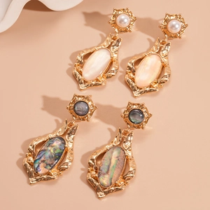 Vintage gold geometric oval earrings with white pearl and colorful abalone shell pendants