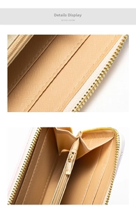 Detailed view of the beige long wallet interior showing card slots and golden zipper pocket
