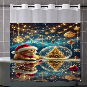 Detail of Christmas shower curtain with cat and tree print and rustproof metal eyelets