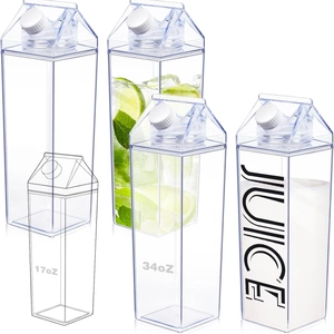 Square milk carton water bottles in 17oz and 34oz sizes made of clear plastic