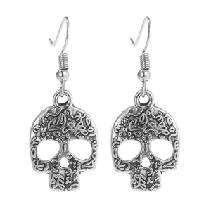 Retro silver skull earrings with intricate floral engravings and vintage geometric style