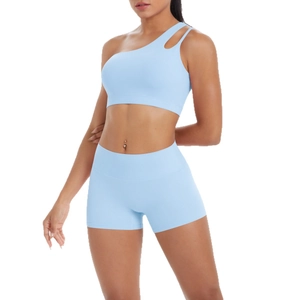 Light blue one-shoulder yoga sports bra and high-waist shorts two-piece gym set