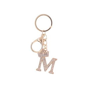 Golden crystal letter M keychain with crown pendant and rhinestones for bags