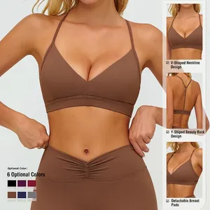 Ensemble soutien-gorge de sport col V marron et legging yoga avec dos en Y