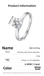 Macro detail of S925 sterling silver six-prong setting and 1 carat moissanite gemstone