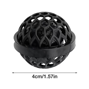 Macro view of a 4cm black mesh cleaning ball for removing dust inside handbags