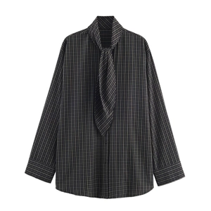 Women Plaid Shirt Long Sleeve Button Down Blouse With Scarf Tie Collar Polyester Poplin Check Top Fashion Casual