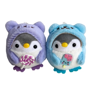 Cute fruit penguin plush keychain toys in purple hoodie with lollipop and blue with ice cream
