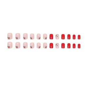 24pcs short square fake nails set featuring red cherry patterns and glossy red finish