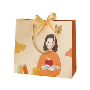 Elegant Teacher Appreciation gift bag featuring floral illustrations and a yellow satin bow