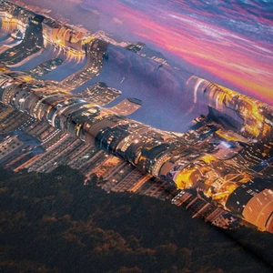 Close-up of soft microfiber fabric texture with vibrant city sunset digital printing