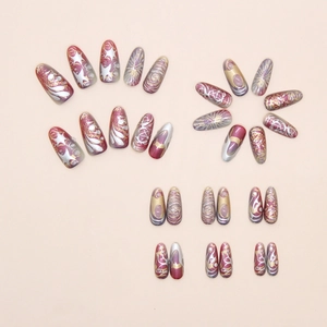Detailed set of almond-shaped press on nails in burgundy, matte silver and champagne gold