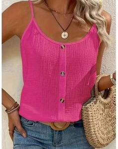 Detail of rose pink tank top with button trim and textured fabric on casual model