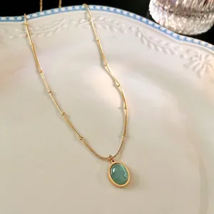 Vintage Oval Green Cat Eye Stone Pendant Necklace Titanium Steel Gold Beaded Chain For Women Elegant Jewelry