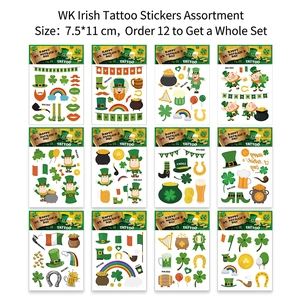 Set of 12 waterproof St. Patrick's Day temporary tattoos with clover and leprechaun motifs
