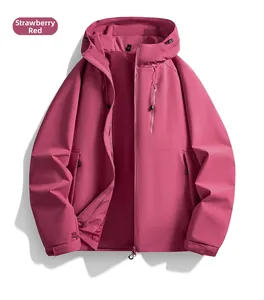 Detail of strawberry red hooded windbreaker jacket with adjustable drawstrings and zippers