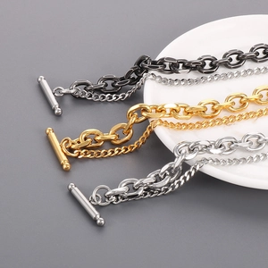 Detail of double-layer stainless steel Cuban chain bracelet with OT toggle clasp