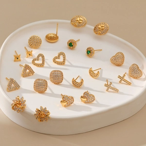 Tiny Cubic Zirconia Stud Earrings 18K Gold Plated Copper Heart Cross Butterfly Star Moon Geometric Dainty Fashion Jewelry