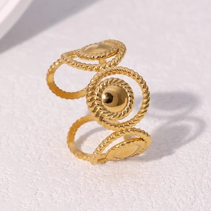Three-layer gold stainless steel twisted rope ring with polished round disk charms