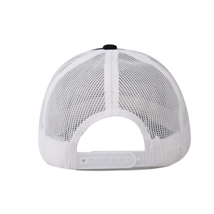 Detail of breathable white mesh and adjustable snapback closure on a trucker hat