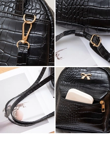 Close-up of crocodile pattern texture and golden metal hardware on black backpack