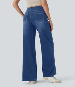 Rückansicht der High-Waist-Jeans mit weitem Bein, Kontrastnähten und Gesäßtaschen