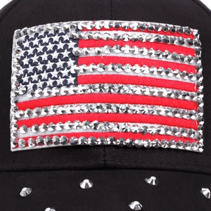 Black USA baseball cap with rhinestone-studded American flag patch and star embellishments