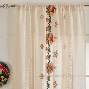 Christmas lace curtain with bell embroidery and floral patterns for holiday window decoration