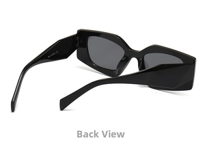 Rear view of chunky black polygon sunglasses frames showing hinge details and temple specs
