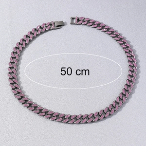 50cm iced out Cuban link chain necklace with pink rhinestones for hip hop style streetwear