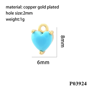 Blue heart pendant charm in 18K gold plated copper with 2mm hole for DIY jewelry making