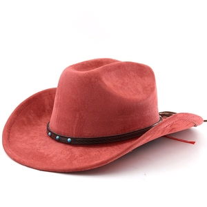 Detail of red suede western cowboy hat featuring turquoise beads on a leather band