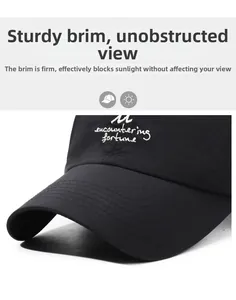 Detail of sturdy curved visor and white embroidery on a black quick-dry baseball cap