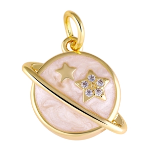 Detail of pink marble planet pendant with gold ring and zircon star charms for jewelry