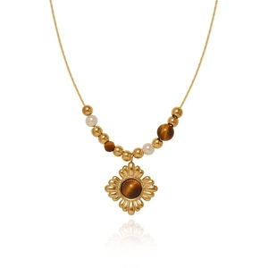 Tiger eye flower necklace with gold plated beads and white pearls on white background