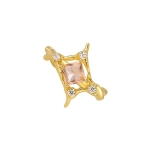 Elegant gold square peach gemstone ring with small clear crystals on a minimalist band