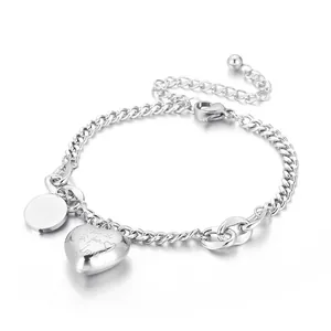 Heart Charm Curb Chain Bracelet Stainless Steel High Polished Adjustable Fashion Jewelry For Women