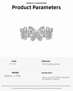 Detail view of S925 sterling silver butterfly ring with 5A grade cubic zirconia stones