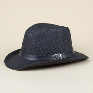 Detailed view of breathable black straw fedora hat with buckle belt decoration