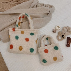 Polka Dot Sherpa Plush Tote Bag Retro Colorful Soft Handbag For Women Autumn Winter Daily Accessories