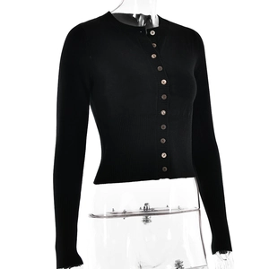 Detail of black slim-fit knitted cardigan showing fine buttons and ribbed cuffs on white back