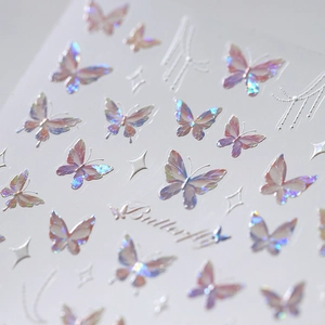 Holographic butterfly nail art stickers with glitter laser gradients and star patterns
